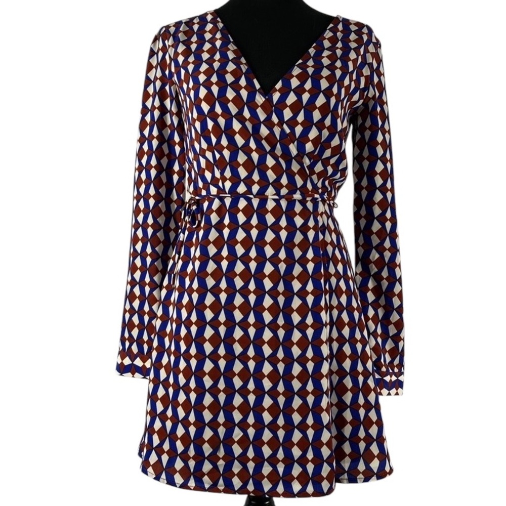 Geometric Blue,Burgundy Patterned Long Sleeve,Wrap Dress,Small - Picture 9 of 9